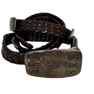 Women's Leather Belt Snake Brown Braided Made Italy Metal Details 37’